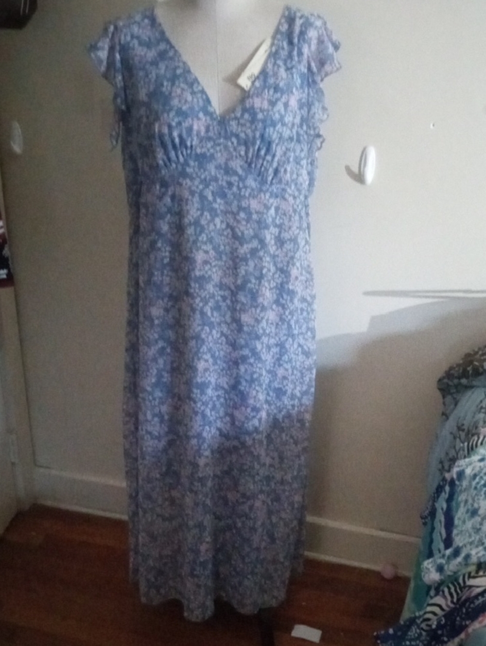 Sheer Purple Boho Floral Maxi Dress with Lavender Lining and Ruffle Sleeves